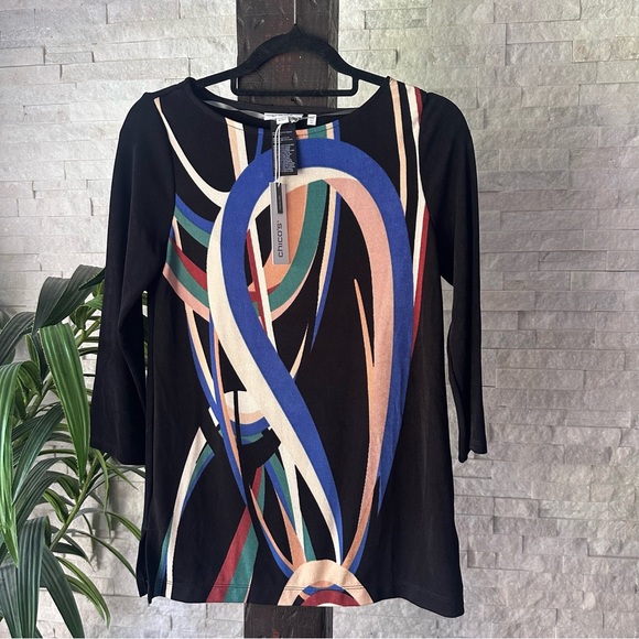 CHICOS Travelers Floating Ribbon Print Blouse Size 00 New with Tags - Picture 1 of 6